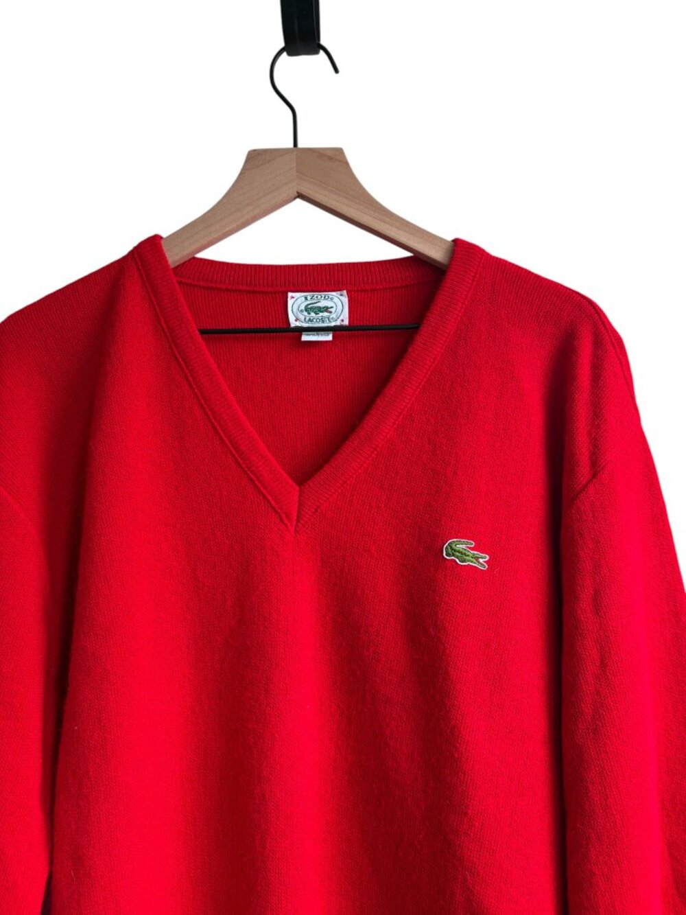 Vintage Lacoste V-neck Sweater Red Mens Size L Made in USA Holiday Pullover 90s - Picture 2 of 4